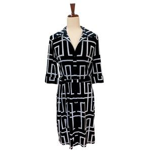 WHITE HOUSE BLACK MARKET Half Sleeve Geometric Shirtdress Black White Size 8